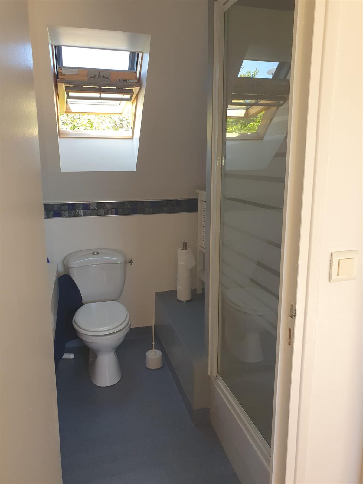 Badezimmer mit Dusche und WC unter dem Dach